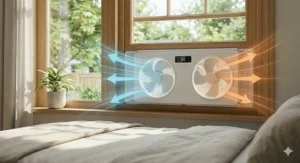 Technical illustration showing the intake and exhaust airflow directions of a dual-blade twin window fan for cross-ventilation.