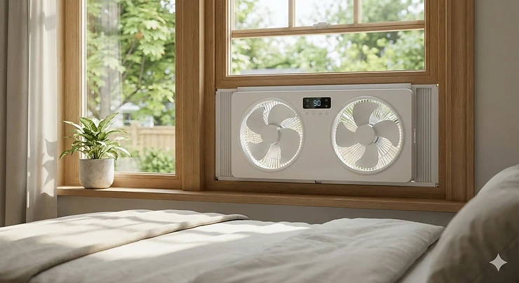 Photorealistic twin window fan with digital display installed in a modern Canadian residential bedroom with natural light.
