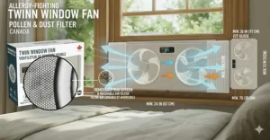 Illustration of a twin window fan featuring a removable bug screen and washable pollen filter for allergy-fighting ventilation.
