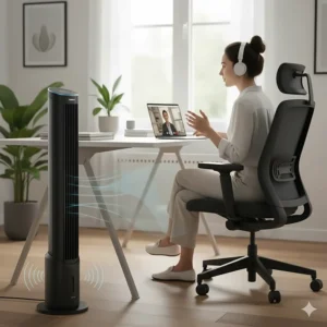 Illustration of a bladeless tower fan in a home office setting, showing sound waves to indicate quiet operation during a video call.