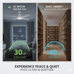 Infographic showing the silent operation of a DC motor ceiling fan, ideal for quiet bedrooms and home offices.