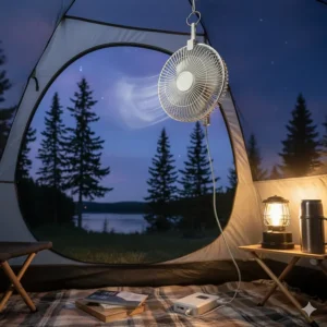 USB-powered clip on fan used inside a camping tent at a Canadian national park.