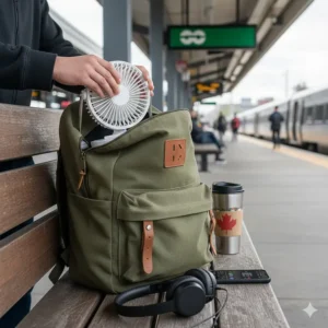 A lightweight USB desk fan being packed into a backpack for a commute on the GO Train or STM.