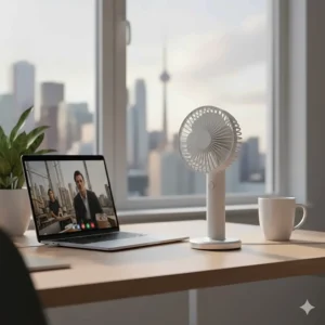 Minimalist illustration of a USB-powered handheld fan on a desk next to a laptop in a Canadian home office setting.