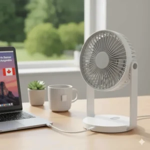 Close-up of a rechargeable desk fan charging via USB-C from a laptop; ventilateur de bureau rechargeable for Canadian tech setups.