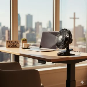 Small black clip on fan providing airflow for a home office setup in Montreal, Quebec.