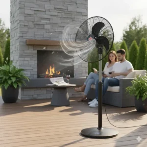 Ventilateur sur pied extérieur pour le marché canadien, focus on quiet operation and wind resistance.