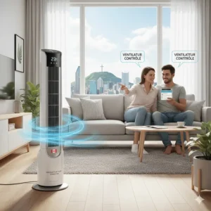 High-performance ventilateur tour (tower fan) for apartment living in Montreal, Quebec.