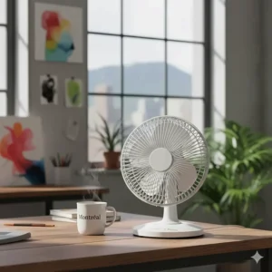 A sleek white USB desk fan (ventilateur de bureau) positioned next to a coffee mug in a Montreal creative studio.