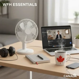 A flat-lay illustration of Canadian WFH essentials including a laptop, notebook, and a 5V USB desk fan.