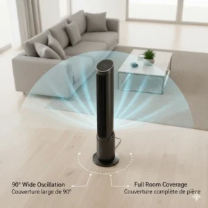 Top-down view illustration showing the 90-degree wide-angle airflow distribution of a bladeless tower fan in a large room.