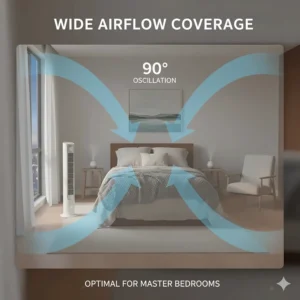 Illustration of 90-degree airflow oscillation from a quiet tower fan covering a master bedroom area.
