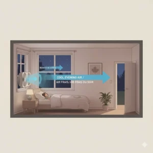Diagram showing how a window fan pulls cool evening air into a Canadian bedroom to reduce AC costs.