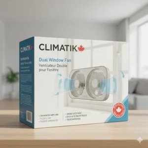 Electronic window fan packaging featuring English and French text for the Canadian market.