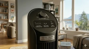 An adjustable-height pedestal fan positioned to provide direct airflow over a bed during a humid summer night.