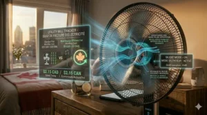 Technical illustration of aerodynamic blades designed for the most energy efficient fan to maximize airflow in high-ceiling Canadian homes.