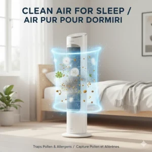 Illustration of a fan for sleeping with a built-in filter to remove pollen and dust from a Canadian bedroom.