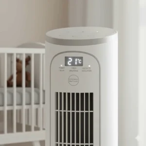 Digital display on a nursery fan showing a comfortable room temperature in Celsius for Canadian homes.