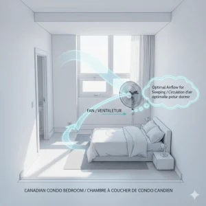 Diagram of a bedroom layout showing the best position for a fan for sleeping to create a cross-breeze.