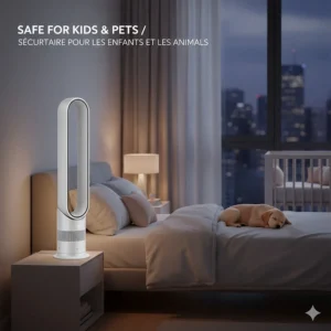 A safe bedroom cooling setup featuring a bladeless Dyson fan near a sleeping pet, highlighting safety for Canadian families.