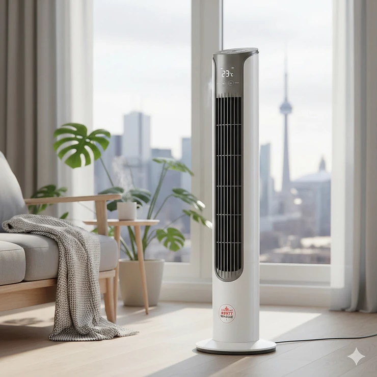 A sleek oscillating budget tower fan under $50 positioned in a modern Canadian living room near a window with a Toronto skyline view.