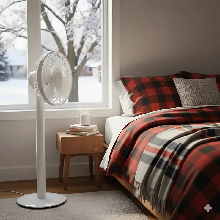 A quiet pedestal fan for sleeping placed in a modern Canadian bedroom with cozy winter bedding and natural light.