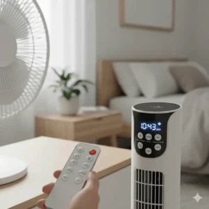 Close-up of a fan remote control with English and French settings for effortless sleep adjustments.