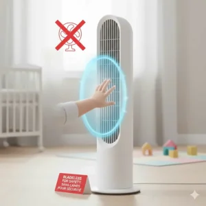 A bladeless fan for baby room safety, preventing curious toddlers from touching moving parts.
