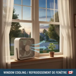 Illustration showing how to place a box fan in a window to pull in cool Canadian evening air.