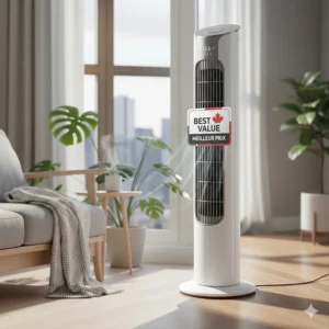 A budget tower fan under $50 featuring a bilingual Best Value and Meilleur Prix sticker for Canadian shoppers.