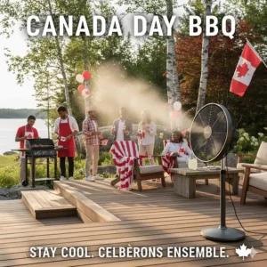 Portable outdoor misting fan keeping guests cool during a Canada Day backyard BBQ party. Ventilateur brumisateur pour barbecue de la fête du Canada.