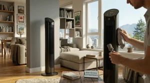 Illustration showing the different cleaning requirements for a pedestal fan blade vs a tower fan intake grill.