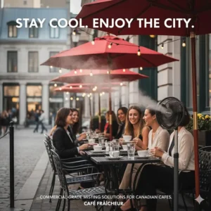 Sleek outdoor misting fan providing a cool breeze for a restaurant patio in Montreal or Toronto. Ventilateur brumisateur commercial pour terrasse de café.