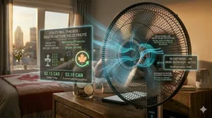 Space-saving tower fan, the most energy efficient fan choice for small urban condos in major Canadian cities.