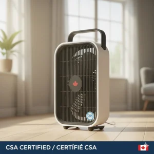 A box fan illustration highlighting the CSA safety certification logo required in Canada.