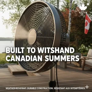 Close-up of UV-resistant materials on an outdoor misting fan built to withstand Canadian summer weather. Ventilateur brumisateur résistant aux intempéries.