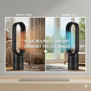 Illustration showing the year-round versatility of Dyson Hot+Cool for Canadian winters (heating) and summers (cooling).