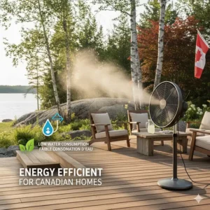 Energy-efficient outdoor misting fan showing low water consumption for eco-conscious Canadian homeowners. Ventilateur brumisateur à faible consommation d'eau.