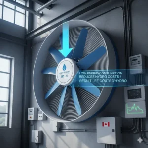 Illustration highlighting the low energy consumption of an industrial fan to help Canadian businesses reduce hydro costs.