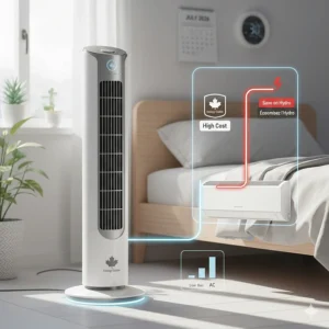 Infographic showing the low hydro cost of running a fan for sleeping overnight in Canada.