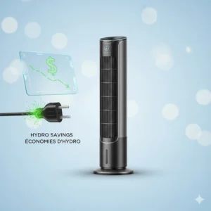 Graphic showing the energy-saving benefits of a smart tower fan to help reduce Canadian household hydro bills.