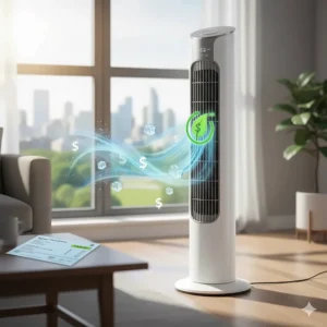 Illustration of a budget tower fan under $50 with an energy-saving leaf icon, ideal for lowering Canadian utility bills.