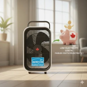 Energy Star certified box fan icon highlighting low electricity costs in Canada.
