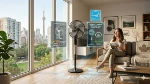 Illustration comparing electricity usage of a standard AC fan versus the most energy efficient fan with a DC motor, highlighting Energy Star Canada savings.