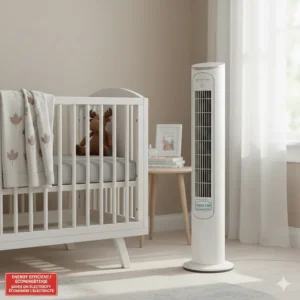 An Energy Star certified fan for baby room use, highlighting electricity savings for Canadian households.