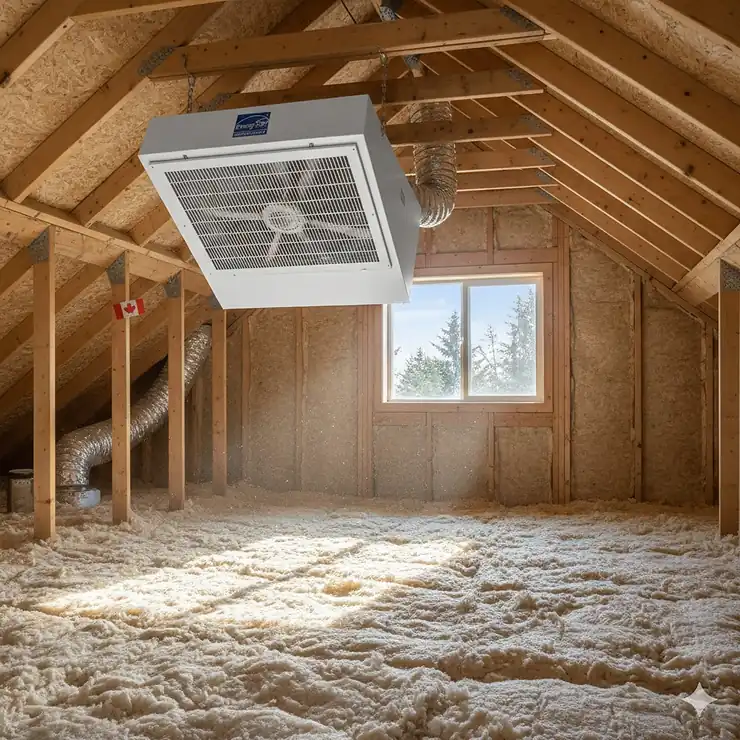 A modern Energy Star whole house fan installed in a Canadian home attic to provide energy-efficient cooling and ventilation.