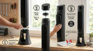 Easy 3-step assembly guide for a Honeywell fan, highlighting tool-free setup.