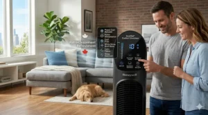 Illustration of Honeywell fan control buttons with English and French labels (ventilateur) for Canadian consumers.