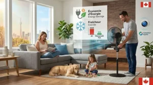 Illustration showing the energy-saving benefits of a Honeywell fan for Canadian households during peak summer heat.