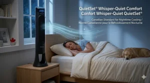 Minimalist graphic of a Honeywell fan in sleep mode beside a bed, emphasizing quiet operation for a peaceful night.